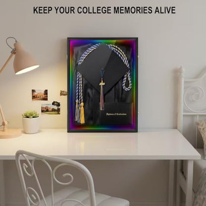 IHEIPYE Large Black Graduation Shadow Box Frame with LED Lights | Wall Mounted Lockable, UV-Protective Door, Keepsake Display Case, Holds Cap, Gown, Diploma, Tassel, Medals - size: LargeLED-Black