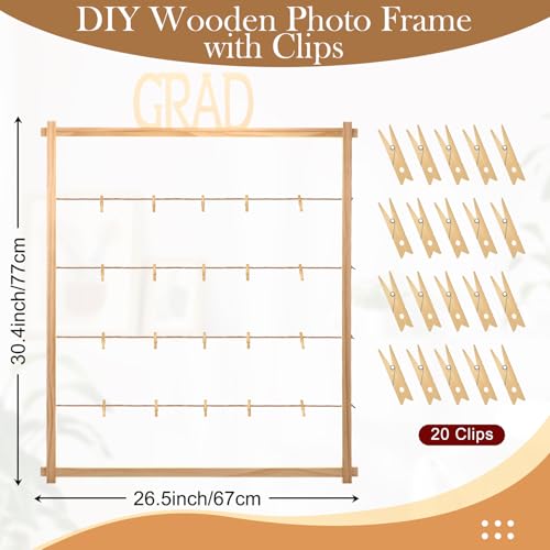 Cinnvoice Graduation Wooden Photo Display Board 30.4 x 26.5 Inch Grad Pictures Display Frame with 24 Clips Large Pictures Board for Graduation Party Hanging Photos Postcards Greeting Cards