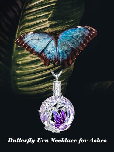 TOUPOP Butterfly Necklace for Women 925 Sterling Silver Tree of Life Butterflies Dragonfly Hummingbird Pendant Necklaces Crystal Jewelry Anniversary Christmas Birthday Gift for Her - color: Butterfly Purple - Urn