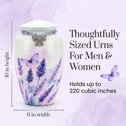 Lavender Butterfly Urn for Ashes Adult Female, Large Metal | Filigree Charm With Glass Beads, Holds upto 220lb Adults, Velvet Bag, Screw Top Lid, Memorial Keepsake, For Men & Women - color: White