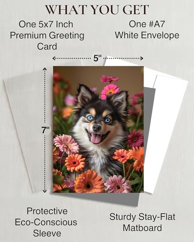 Pomsky with Flowers All Occasions Greeting Card - Dog with Flowers from Unique Dogs Party Delights Collection - Large 5x7 Inch - Blank Inside with A7 Invitation Style White Envelope | 5x7 Inch Card, Blank Inside, Premium Silk Cardstock, Made in USA by USA