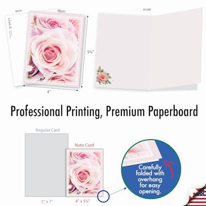 The Best Card Company - 20 Assorted Blank Note Cards Boxed Set 4 x 5.12 Inch with Envelopes (10 Designs, 2 Each) - Pink Roses AM10311OCB-B2x10