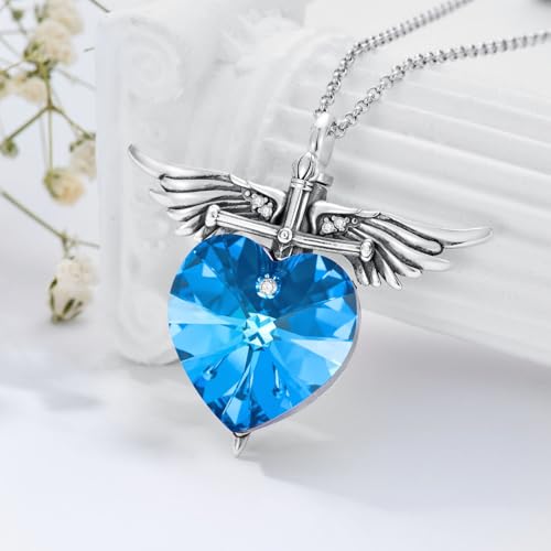 SOULMEET Memorial Wings Necklace for Ashes with Large Heart Crystal Birthstone, Angel Wings Urn Necklaces with Heart Shaped Birthstone Keepsake Silver Cremation Jewelry - style: L-December