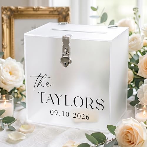 Novabright 10 Inches Wedding Acrylic Card Box with Slot and Last Name Transfers Money Box for Bridal Shower Wedding, Baby Shower Birthday Party, No Assembly Needed(Frosted,Classic Style) - color: Frosted, style: Classic Style