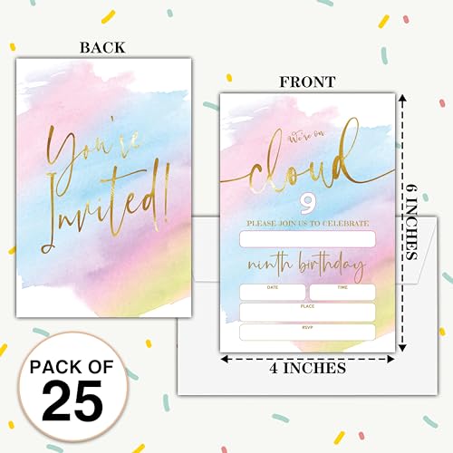 Birthday Invitations - 9th Birthday Invites with Envelopes(25-Count) - We're on Cloud 9 Fill-in Party Invite Cards for Boys Girls Kids Party Supplies Favors Decorations - A21 - style: We're on Cloud 9