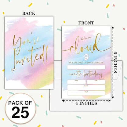 Birthday Invitations - 9th Birthday Invites with Envelopes(25-Count) - We're on Cloud 9 Fill-in Party Invite Cards for Boys Girls Kids Party Supplies Favors Decorations - A21 - style: We're on Cloud 9