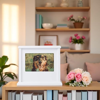 Pearhead Pet Wooden Photo Memory Keepsake Box & Urn, Memorial For Dog & Cat Ashes and Mementos, 4 × 6 Picture Insert, Medium, White