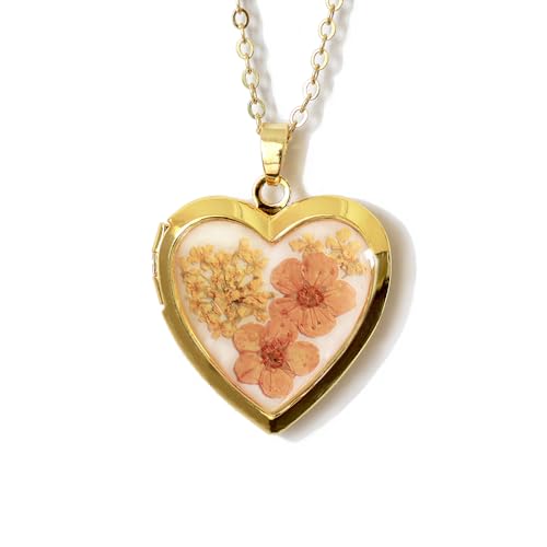 Handmade Heart Shaped Dried Pressed Forget Me Not Flower Photo Locket Pendant Necklace - color: Gold, style: Orange+Ivory