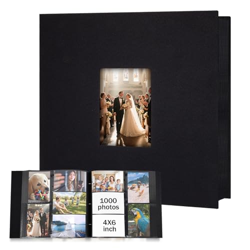 Ruibytree Extra Large Capacity Photo Album 4x6 Pictures 1000 Pockets, Black | Linen Hardcover, Removable Acid-Free Pages, Fits Horizontal & Vertical Photos, Front 4x6 Window, for Family, Wedding & Travel - color: Black