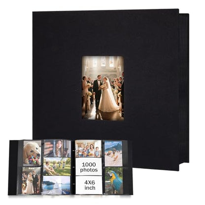 Ruibytree Extra Large Capacity Photo Album 4x6 Pictures 1000 Pockets, Black | Linen Hardcover, Removable Acid-Free Pages, Fits Horizontal & Vertical Photos, Front 4x6 Window, for Family, Wedding & Travel - color: Black