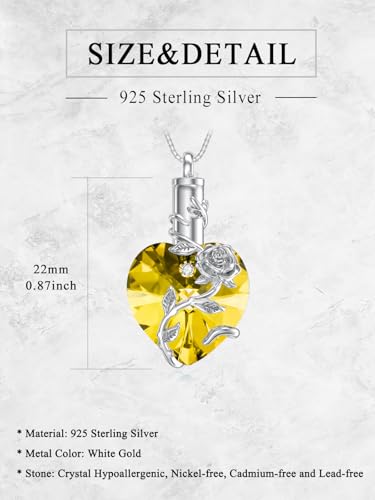 OCJ Heart Rose Flower Urn Necklace for Ashes Women Birthstone Cremation Necklaces Sterling Silver Memorial Cremation Jewelry Gifts - color: 11-Nov-Citrine