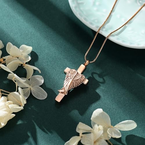 Cross Cremation Jewelry Urn Necklaces Cross Angel Wings Urn Necklaces for Ashes Memorial Keepsake Pendant for Women Men Gifts With Funnel Kit & Bag - color: Rose
