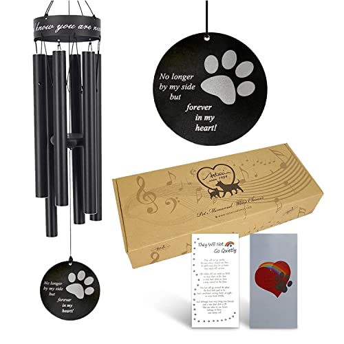 Pet Memorial Wind Chime, 30 Inches Paw Print Pet Remembrance Gift to Honor and Remember a Dog, Cat, or Other Pet, Premium Metal Wind Chime, Black - color: Forever in My Heart