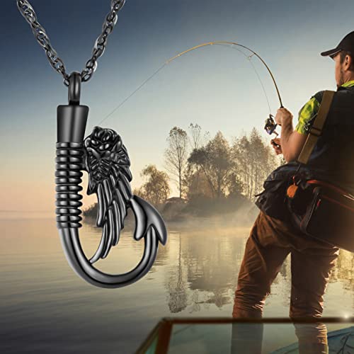 abooxiu Fishing Heart Hook Urn Necklace for Ashes Fish Heart Hook Stainless Steel Cremation Jewelry - Black - color: Black-Wing, style: Non-engraving