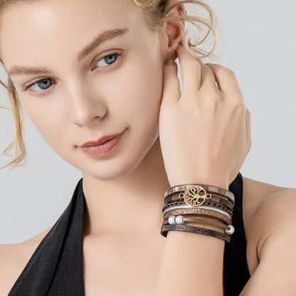 Tree of Life Inspirational Leather Wrap Bracelets Boho Western Cowgirl Cuff - color: Coffee