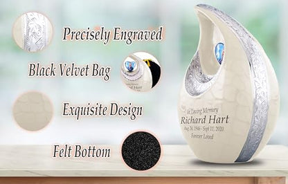 Personalized Photo & Text White Teardrop Cremation Urns for Adult Ashes Male Female - 156 Lbs Burial Urns for Human Ashes - Handcrafted Funeral Decorative Urn for Adult with Velvet Bag - size: 156 Lbs Adult Urn
