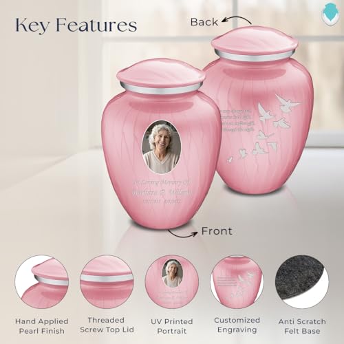 Embrace Adult Personalized Doves Cremation Urns for Human Ashes I Large Picture Pearl Light Pink Funeral Urn for Adult Men and Women with Double Side Engraving I 200 lbs - color: _Pearl Pink (Double Sided)