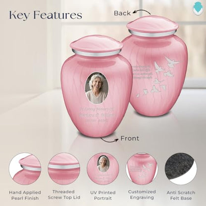 Embrace Adult Personalized Doves Cremation Urns for Human Ashes I Large Picture Pearl Light Pink Funeral Urn for Adult Men and Women with Double Side Engraving I 200 lbs - color: _Pearl Pink (Double Sided)