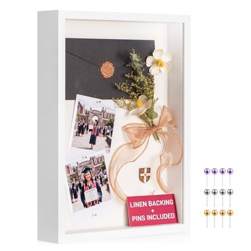 12x16 Large Shadow Box Frame with Thickened Acrylic Panel & Pins | With Push Pins, Deep 1.7" White Shadow Box Display Case – Display on Tabletop or Wall for Jersey, T-shirt, Keepsake, Wedding - color: White+high Definition Panel + Shatter-proof Packaging,