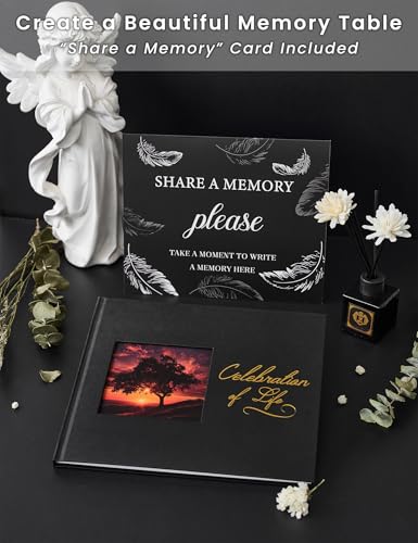 Funeral Guest Book, Celebration of Life GuestBook with Photo Slot | 330 Entries, Table Sign Card Included, Gold Stamping, Twill-Textured Paper Cover, in Loving Memory Keepsake, 9x7.5", Black - color: Black-c