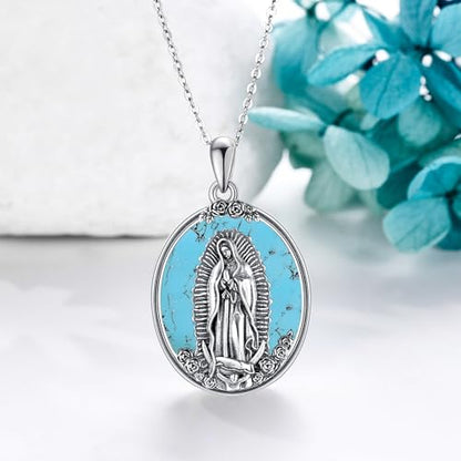 YAFEINI Virgen De Guadalupe Necklace 925 Sterling Silver Mother Mary Necklace Virgencita Jewelry Thanksgiving Day Gifts for Women - style: Turquoise