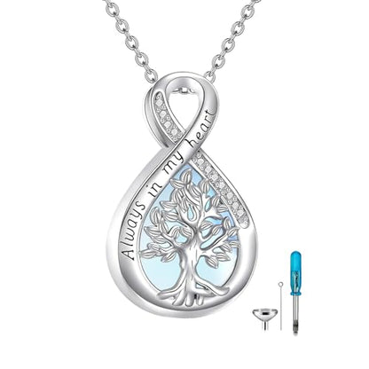 Diamond Tree of Life Urn Necklace for Ashes 925 Sterling Silver Family Tree of Life Cremation with Funnel Filler Ash Holder Keepsake Memorial Jewelry Gifts for Women,18+2 inch - style: Style 2-Moonstone