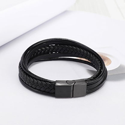 Mens Leather Bracelet with Clasp Cowhide Multi-Layer Braided Leather Mens Bracelet - style: black leather&black clasp&7.0