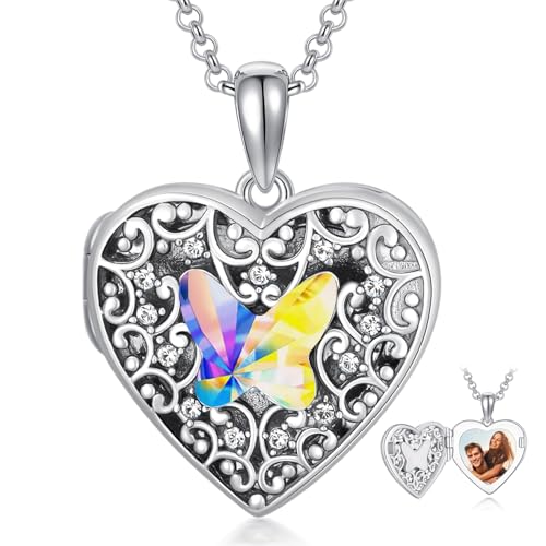 Dorunmo Personalized Locket Necklace 925 Sterling Silver that Holds Pictures Butterfly Birthstone Photo Heart Locket Custom Jewelry Congratulations New Beginnings New Job Gifts for Women - color: Butterfly Colorful, style: Personalized Photo
