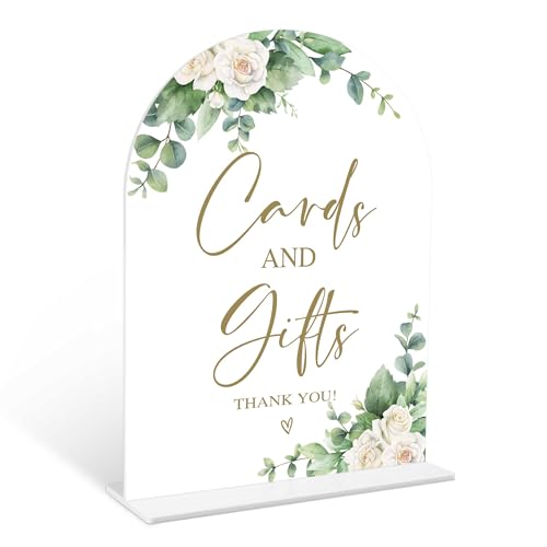 Eucalyptus Rose Cards and Gifts Sign, 6 x 8 Inch White Arch Acrylic Wedding Sign with Holder, Wedding Sign for Ceremony and Reception, Wedding Decoration, Wedding Supplies - AM01 - color: Rose Cards and Gifts, size: Eucalyptus 6X8IN