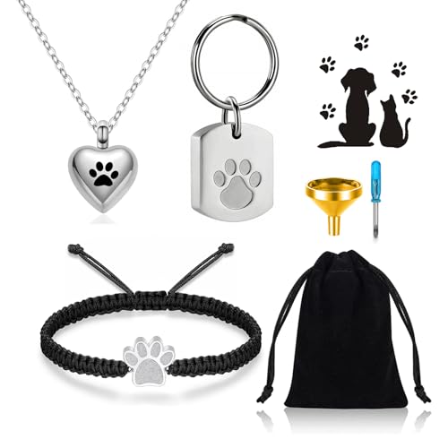 RIPFEVURN 3 Pcs Pet Cremation Jewelry Urn Necklaces Bracelet Keychain for Ashes for Women Men Cat Dog Paw Print Ashes Keepsake Memorial Jewelry - color: Silver