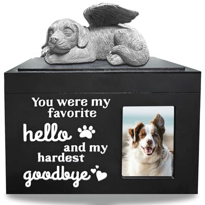 Dog Urns for Ashes Up to 100 lbs, Premium Wooden Pet Urns for Dogs with Memorial Photo Frame and Resin Statue, Dog Urn Sympathy Gift for Both Large Midium Golden Retriever, Labrador, Shepherd