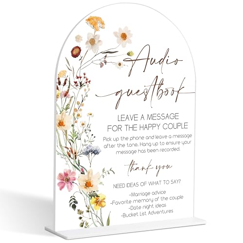 Audio Guest Book Sign, Flower Style Bridal Shower Sign for Wedding, Engagement, Bridal Shower and Reception, Bridal Shower Decorations, Wedding Shower Favors, 6X8 Inch Acrylic Arch Sign with Stand,7 - color: Audio Guest,7