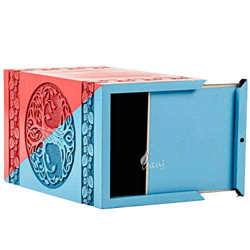 Wooden Cremation Urn for Human Ashes, 20 Cu in, Keepsake, Blue & Red | Hand-carved wood, blue and red, screw-locked sliding base, engraving available, holds a small share of ashes, to 20 lb - color: Blue & Red, size: Keepsake - 3.50Hx2.00W (6.50 Cu/In)