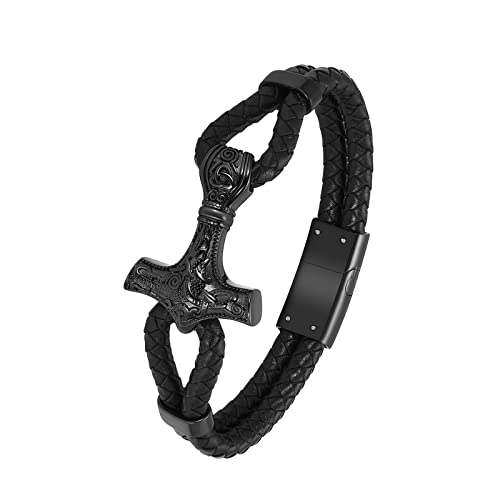 constantlife Viking Thor's Hammer Cremation Bracelet for Ashes for Men Braided Leather Wristband Cuff Bangle Memorial Urn Jewelry Funeral Keepsake Gift - color: A-Black, size: 22cm