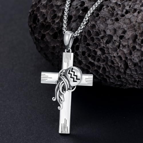 PROESS Cross Necklace for Women Men Sterling Silver Rose/Sunflower Cross Pendant Religious Jewelry Christmas Birthday Mothers' Day Gifts - color: 01-07-Aquarius