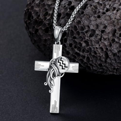 PROESS Cross Necklace for Women Men Sterling Silver Rose/Sunflower Cross Pendant Religious Jewelry Christmas Birthday Mothers' Day Gifts - color: 01-07-Aquarius