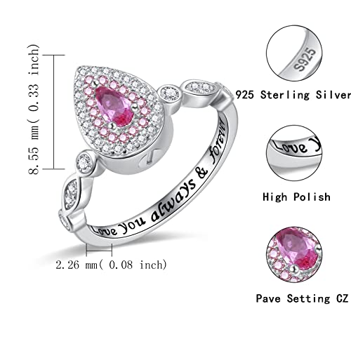 Sariel Teardrop Cremation Ring for Ashes - 925 Sterling Silver Urn Keepake Rings Memorial Jewelry for Women - color: Red