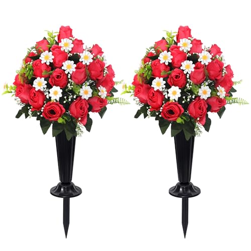 Wocst Cemetery Decorations for Grave Cemetery Silk Flowers with Vases for Outdoor Grave Decoration(Red) - color: Red, size: 2 Bouquet