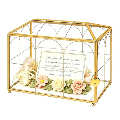 Wedding Glass Card Box with Slot, 10.2×6.1×7.9 Inch - color: Golden 10.2" x 6.1" x 7.9"