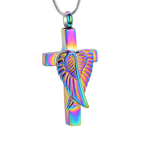 Cross Urn Necklace for Ashes Angel Wing Cremation Jewelry for Women Men Stainless Steel Memorial Necklaces Ash Holder for Human Pets Keepsake Jewelry for Loved Ones with Fill Tool - color: Rainbow