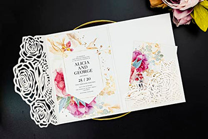 Laser Cutting Invitation Card Greeting Card Graduation Party Rose Flower Wedding Birthday Party Invitations Invitation Pocket With Envelope (White) | Greeting Card, Graduation Party, Rose Flower, Wedding Birthday Party Invitations, Invitation Pocket With