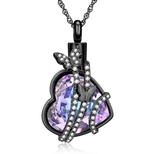 shajwo Butterfly Heart Urn Necklaces Cremation Jewelry for Ashes for Women Men Memorial Human Ashes Pendant - color: a-Black-purple