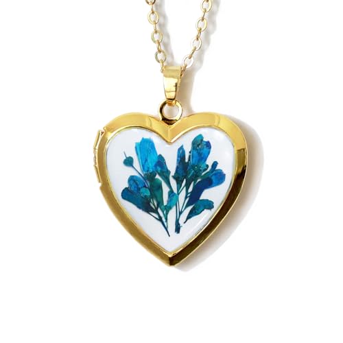 Handmade Dried Pressed Flower Heart Shaped Photo Locket Pendant Necklace - color: Gold, style: Blue Flower on White