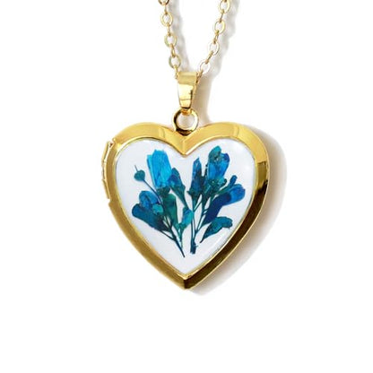 Handmade Dried Pressed Flower Heart Shaped Photo Locket Pendant Necklace - color: Gold, style: Blue Flower on White