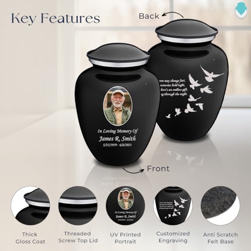 Geturns Embrace Adult Personalized Doves Cremation Urns for Human Ashes I Large Picture Black Funeral Urn for Adult Men and Women with Double Side Engraving I 200 lbs - color: _Black (Double Sided)