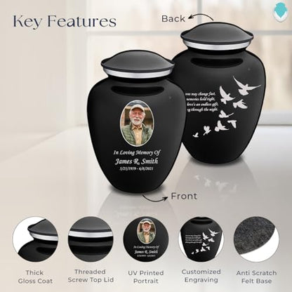 Geturns Embrace Adult Personalized Doves Cremation Urns for Human Ashes I Large Picture Black Funeral Urn for Adult Men and Women with Double Side Engraving I 200 lbs - color: _Black (Double Sided)