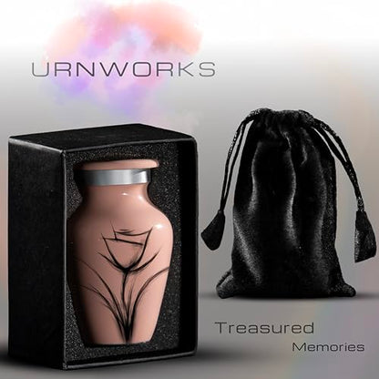 Custom Pink Flower Mini Urn – Personalized Text Only – Small 3" Keepsake Cremation Urn for Human Ashes – Drawn Tulip Design – Velvet Bag, Box & Funnel – Made in USA - color: Customized Pink, size: Small