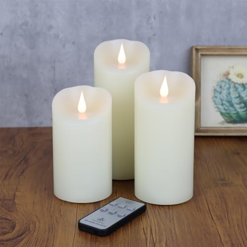 TECHLONG Flameless Candles Flickering 3D Moving Flame, Last 1000+ Hours Battery Operated Candles with Remote Timer, Set of 3 Ivory Real Wax Electric LED Pillar Candles for Home Wedding Decoration - color: Style B, size: 3" x 5"6"7"