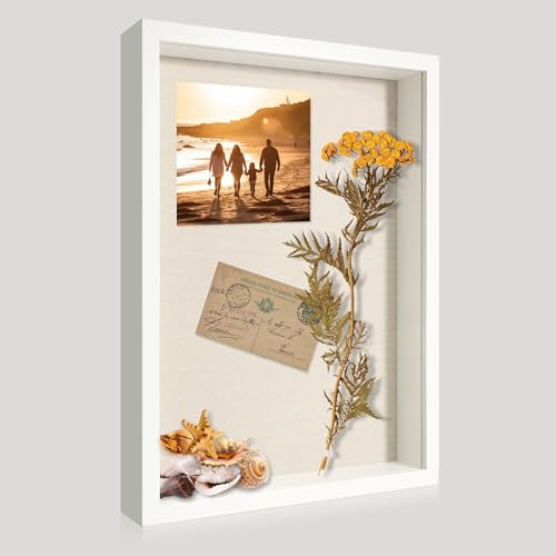 12x16 Large Shadow Box Picture Frame Display Case with Soft Linen Back, White Wooden Memory Shadow Box Frame with Tempered Glass Cover for Wall Display - color: White, size: 12x16