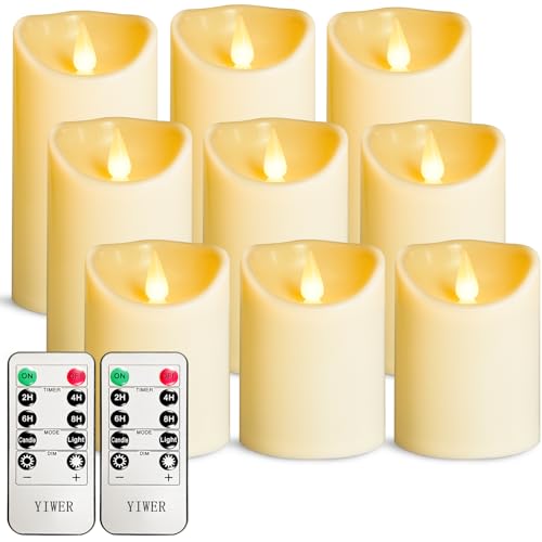 YIWER Plastic Flameless LED Candles,9PCS Battery Operated Candle with Remote Fake Electronic Flickering Light Large Pillar D3”H4”(10.2) 5”6”Durable Use - color: D3"-Plastic, size: 9PCS